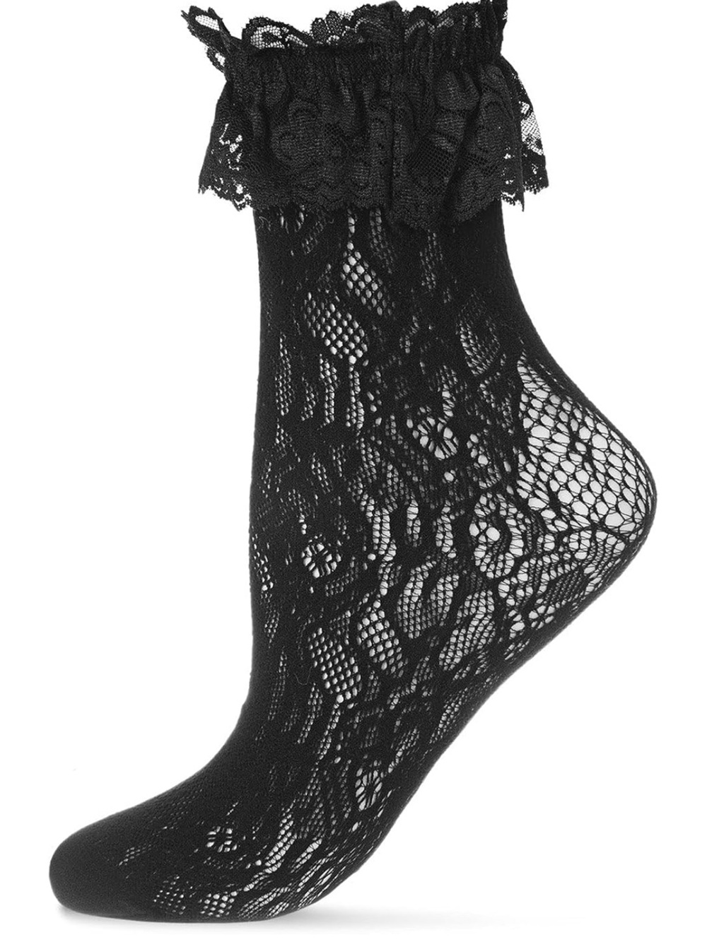 MEMOI WOMENS LACE RUFFLE TOP SOCKS BLACK OS NWT